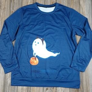 Soft Warm Cozy Crew Neck Long Sleeve Spooky Ghost Jack-o'-lantern Top